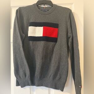 Tommy Hilfiger Women’s Gray Crewneck Sweater with Red, White & Navy Chest Panel